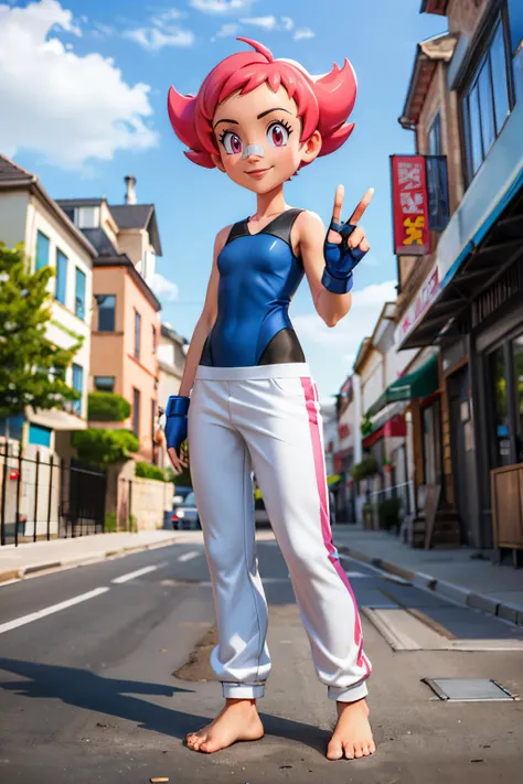 pkmnmaylene, pink eyes, short pink hair, blue leotard, bandaid on nose, white pants, track pants,blue fingerless gloves, barefoot, looking at viewer, smiling, happy, standing, full body shot, hands, peace sign, outside, city, street, blue sky, high quality...