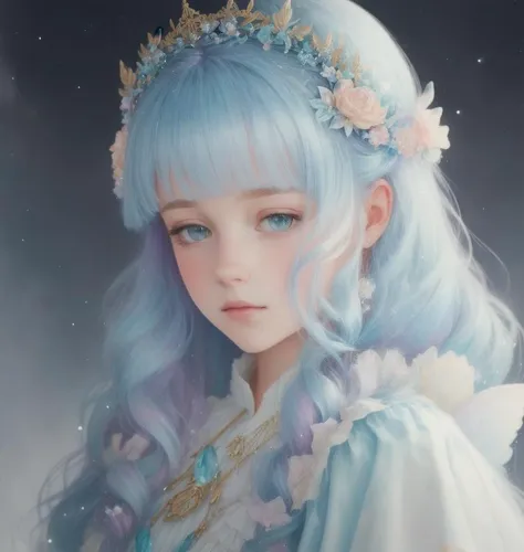 (cinematic photo:1.3) of (realistic:1.3),(cosy:1.3) princess girl with wing, blue, pastel, glitter, dramatic, dreamy, pastel, wa...