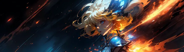 (Photo:1.3) of (Sketch:1.5) Saber 1girl, In hand huge flame great sword white blue dress Blue cape Blue bow gorgeous armor platinum blonde hair A shot with tension (sky glows red,Visual impact,giving the poster a dynamic and visually striking appearance:1....