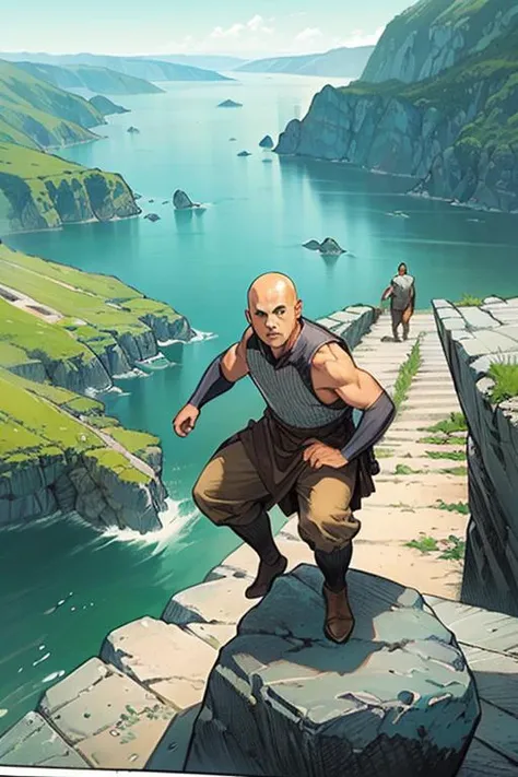 Action scene, dynamic pose, firm stance, combat stance, 
Focus on (Druid, Hero, Short, In Shape, Oval Face, Dark Skin, Blonde Hair, Gray Eyes, Wide Nose, Thin Lips, Receding Chin, Chinstrap, Bald, Crew Cut, A sprawling castle, perched high on a rocky cliff...