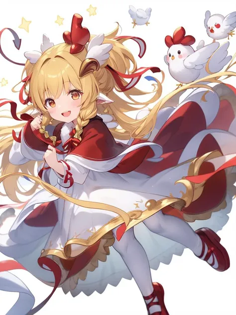 <lora:Mahira:0.8>,Mahira, 1girl, blonde hair, harvin, long hair, looking at viewer, solo, open mouth, smile, bird, braid, blush, ribbon, bangs, wings, red footwear, pantyhose, dress, animal ears, hair ornament, :d, shoes, chicken, white dress, red ribbon, ...