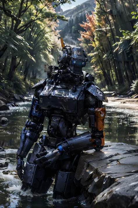 Chappie768, robot, looking at viewer, serious, 
outside, mountain, trees, river, roaring water, spring, rock, submerged in water, extreme detail, hdr, realistic quality, depth of field, <lora:Chappie768-000350:.8>