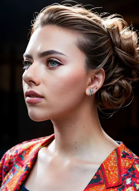 a woman with a colorful jacket and earrings on her head