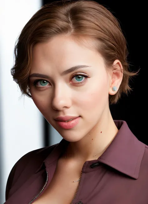 a close up of a woman with a purple shirt and a necklace