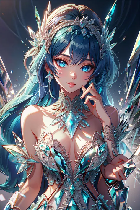 (best quality, detailed, intricate, 8k, HDR, wallpaper:1.2), full body, 1girl, solo, blue hair, long hair, upper body, volumetric glow, anime colouring, <lora:edgCrystalDress:1> edgCrystal,  wearing a dress made of crystals, wearing edgCrystal <lora:Crysta...