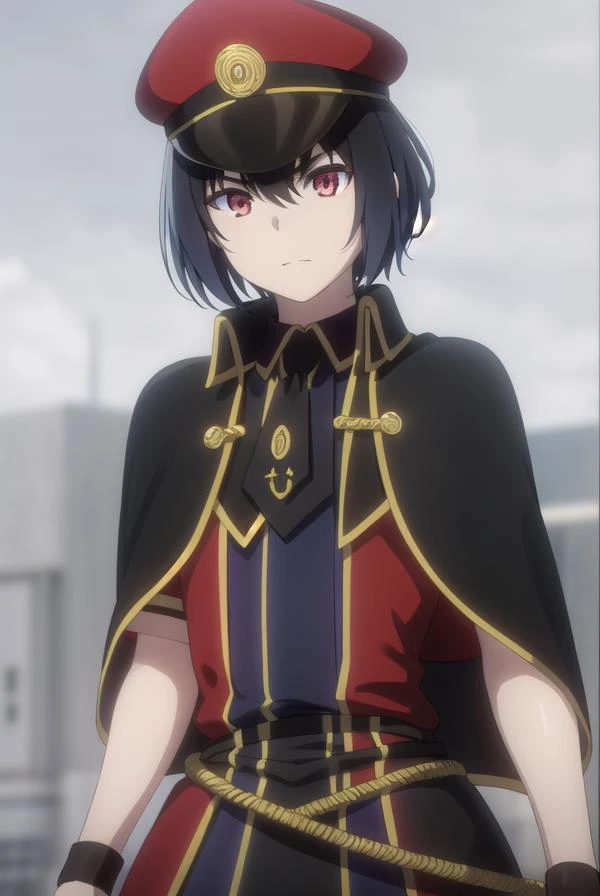 detectivehel, <lora:detective hel s1-lora-nochekaiser:1>,
hel, short hair, bangs, black hair, (red eyes:1.3), gradient hair,
BREAK hat, pantyhose, necktie, cape, uniform, black pantyhose, military, military uniform, peaked cap, black necktie, military hat,...