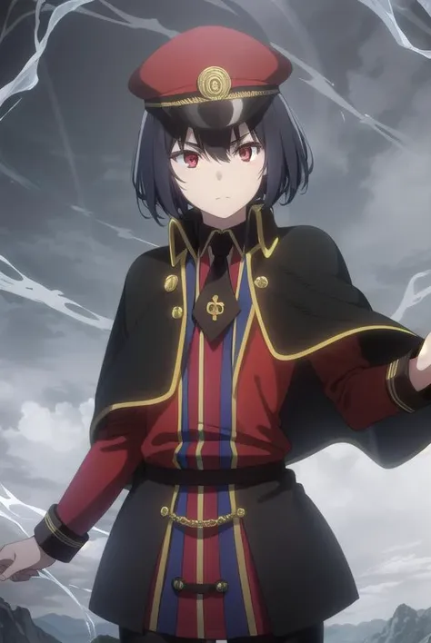 detectivehel, <lora:detective hel s1-lora-nochekaiser:1>,
hel, short hair, bangs, black hair, (red eyes:1.3), gradient hair,
BREAK hat, pantyhose, necktie, cape, uniform, black pantyhose, military, military uniform, peaked cap, black necktie, military hat,...