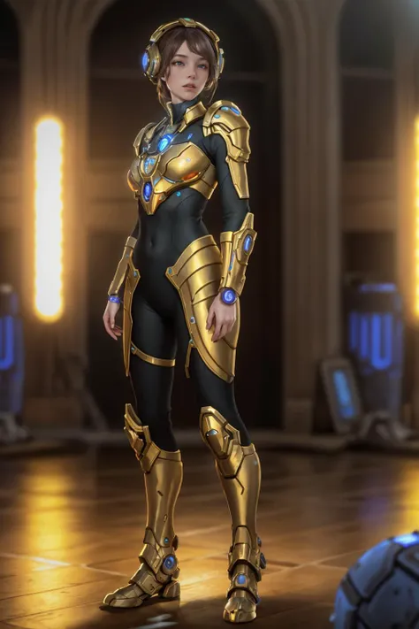 highres,absurdres,masterpiece,best quality,original,extremely detailed CG,extremely detailed wallpaper,perfect lighting,looking at viewer,bare hands,standing on stage,1girl,blurry background,
<lora:Protoss:0.7>, a mechanized alien with golden armour,starcr...