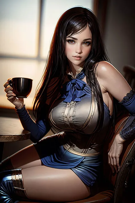 arafed woman in a blue dress holding a cup of coffee