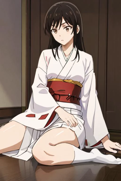 best quality, masterpiece, highres, solo, {white kimono:1.35}, {red hakama:1.35}, {wide sleeves:1.20}, {ashisu_sahoto_mangakasantoassistantsanto:1.15}, long_hair, black_hair, brown_eyes