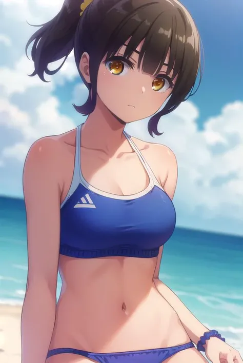 kanatahiga, <lora:kanata higa anime s1-lora-nochekaiser:1>,
kanata higa, short hair, bangs, brown hair, (brown eyes:1.3),
BREAK hair ornament, navel, collarbone, swimsuit, ponytail, sidelocks, bikini, scrunchie, blue bikini, hair scrunchie, yellow scrunchi...