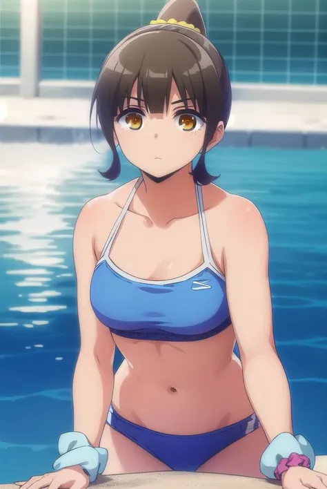 kanatahiga, <lora:kanata higa anime s1-lora-nochekaiser:1>,
kanata higa, short hair, bangs, brown hair, (brown eyes:1.3),
BREAK hair ornament, navel, collarbone, swimsuit, ponytail, sidelocks, bikini, scrunchie, blue bikini, hair scrunchie, yellow scrunchi...