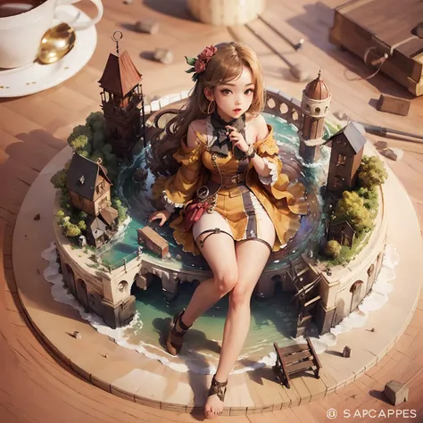 there is a woman sitting on a table with a cake