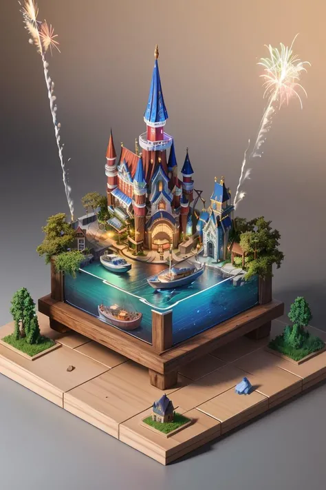 mini(ttp), (8k, RAW photo, best quality, masterpiece:1.2), Enchanted castles, shipyards,Colorful fireworks,isometric, miniature, landscape,Wooden basin,,<lyco:miniature_V1:0.8>