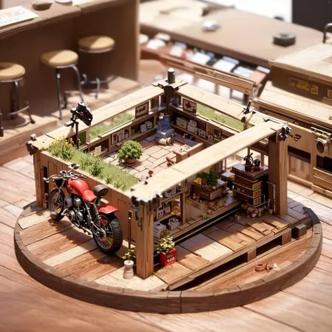 there is a miniature model of a motorcycle shop on a wooden table