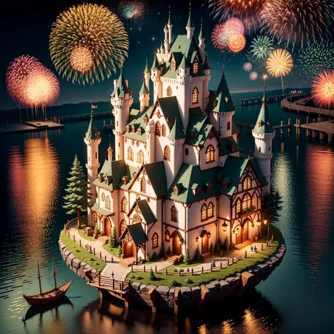 mini(ttp), (8k, RAW photo, best quality, masterpiece:1.2), Enchanted castles, shipyards,Colorful fireworks,isometric,  miniature, landscape,Wooden basin,<lora:miniatureWorldStyle_v10:0.8>