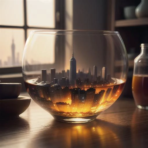 a close up of a bowl of liquid with a city in the background