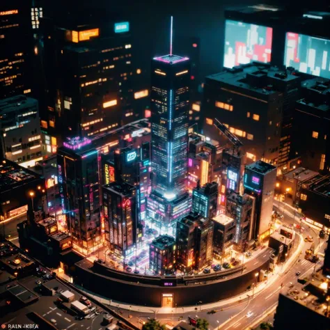 night time aerial view of a city with a lot of tall buildings