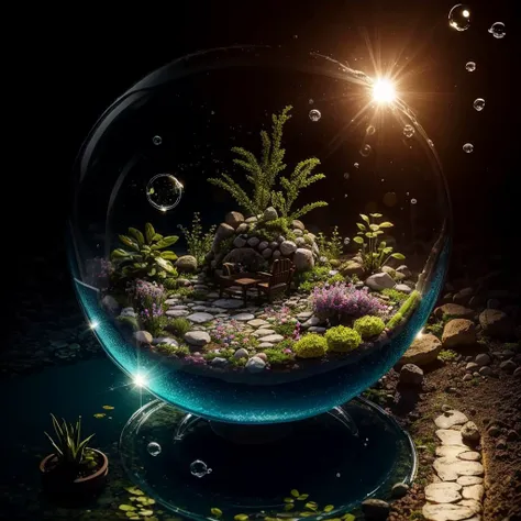 a close up of a glass bowl with plants and rocks