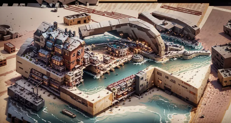 there is a model of a city with a river running through it