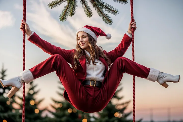 full body,photo of a 18 year old girl,taking a trapeze class,happy,Santa Clausâs outfit,Red Coat,Red Hat,Red Trousers,Black Belt,Black Boots,White Gloves,christmas theme,Christmas tree,detail background,ray tracing,detail shadow,shot on Fujifilm X-T4,85m...