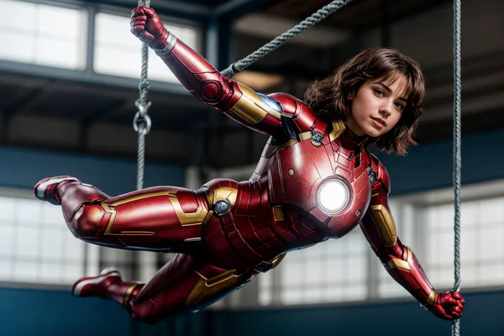 Marvel movies,full body,photo of a 18 year old girl,ironman,taking a trapeze class,happy,ray tracing,detail shadow,shot on Fujifilm X-T4,85mm f1.2,sharp focus,depth of field,blurry background,bokeh,motion blur,motion lines,<lora:add_detail:1>,