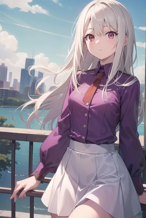 anime girl with long white hair and purple shirt posing on a balcony