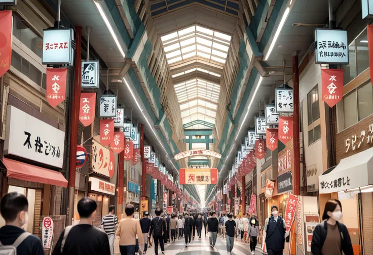 people walking through a shopping mall with many signs hanging from the ceiling