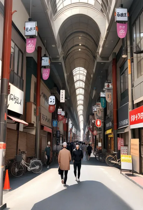 people walking down a street in a shopping area with a skylight