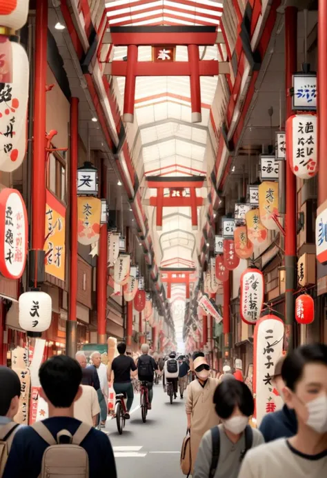 people walking down a crowded street with many signs and lanterns