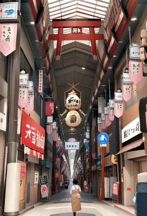 arafed walkway with signs and banners in a shopping area