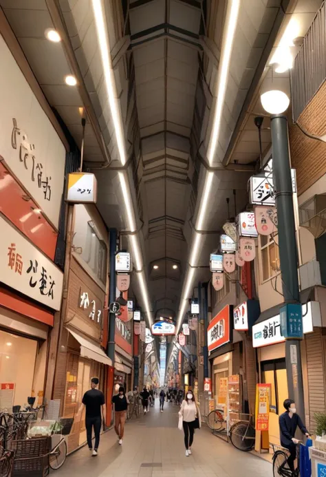 people walking down a street lined with shops and stores