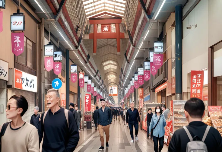 people walking through a mall with signs hanging from the ceiling