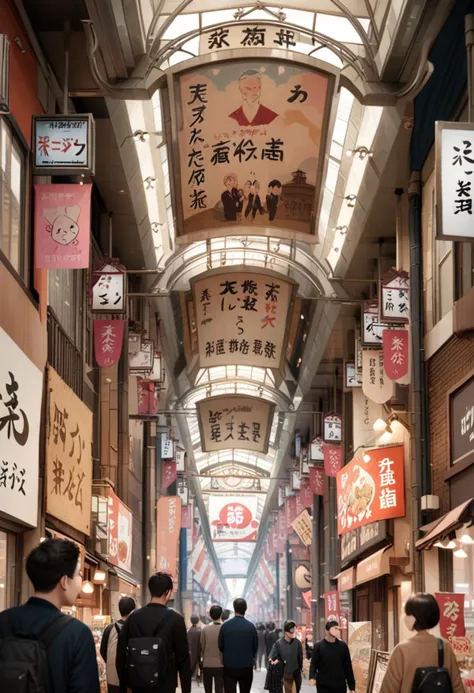 people walking down a crowded street lined with shops and signs