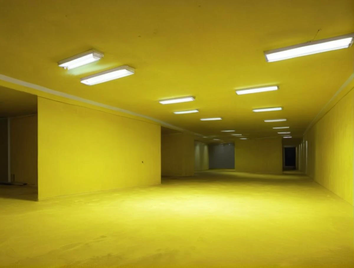 realistic,  dark, (art by Mathias Goeritz:1.5), real, atmospheric scene, analog film photo, grim, yellow palette,  found footage, <lora:LiminalSpace:1>, LiminalSpace of Empty room with yellow walls and yellow carpets, yellow walls and wallpaper with pale y...