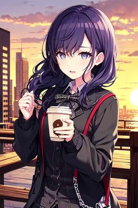 anime girl with purple hair holding a cup of coffee