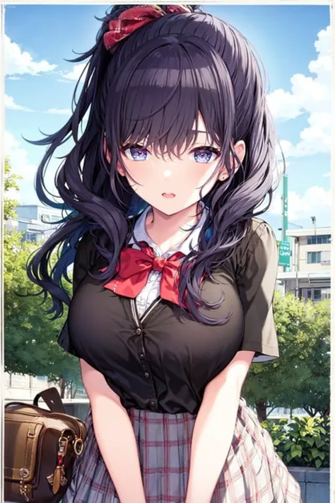 anime girl with long black hair and a red bow