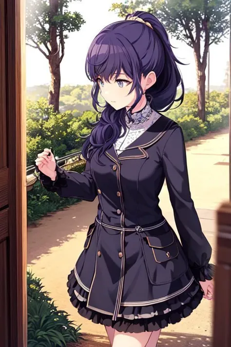 anime girl in a black dress holding a knife and looking out a door