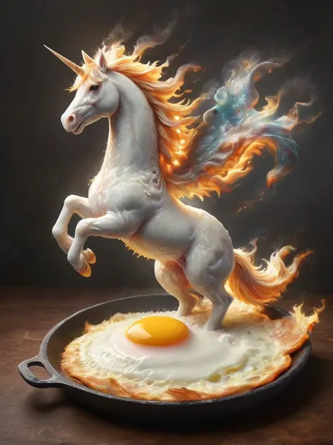 depiction of an epic ral-friedegg riding a unicorn straight into a ral-sun frying-pan for extra taste, disillusion, masterful kitchen, <lora:ral-sun:1>, <lora:ral-friedegg:0.5>