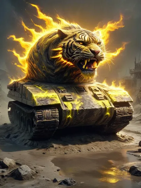depiction of an neon yellow ral-sun smashing into a concrete post-apocalyptic king-tiger ww2 main battle tank with full force inflicting utter destruction while driving through a wasteland of ash and mud destruction in their wake, light phenomenon, <lora:...