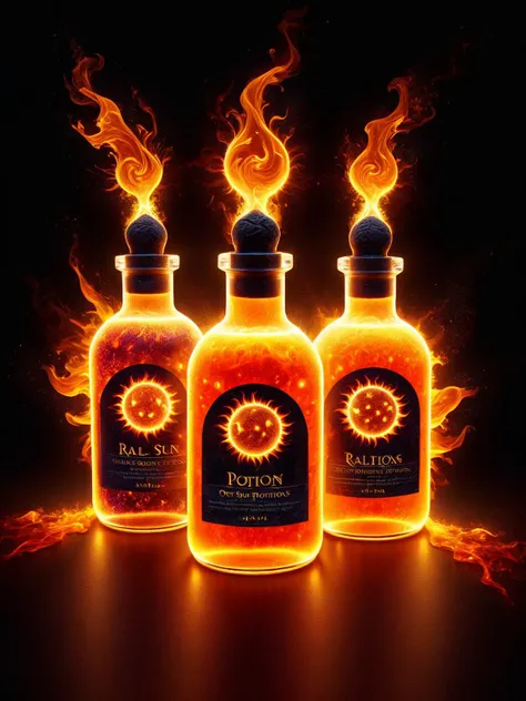 three bottles of potion with flames on them