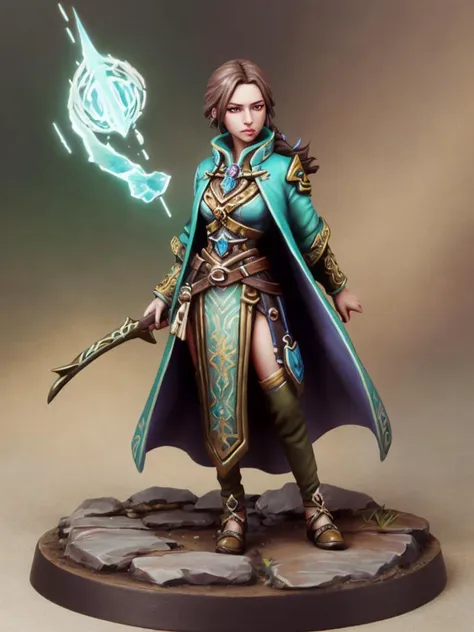 pmini style,  a painted miniature of a female human mage, close-up shot, detailed face, fantasy game, character design,  Intricate, High Detail, Sharp focus, dramatic, photorealistic art