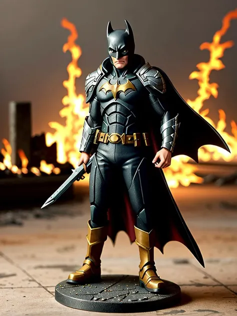 pmini style, painted miniature of batman, character design, background is in burning city, close-up shot, used, abrased, intrica...