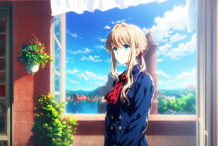 1girl, bangs, blonde_hair, blue_eyes, blue_jacket, blue_sky, blurry, blurry_background, braid, brooch, closed_mouth, curtains, e...