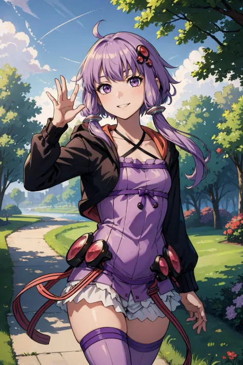 masterpiece, best quality,  <lora:voiceroid_yukari-10:1> yuzuki yukari, ahoge, hair ornament, hooded jacket, rabbit hood, long sleeves, purple dress, halterneck, purple thighhighs, cowboy shot, waving, hand to hip, looking at viewer, grin, park, trees, sky