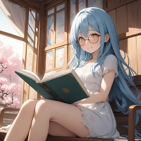 anime girl with blue hair sitting on bench reading a book