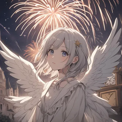 anime girl with white wings and a clock tower in the background