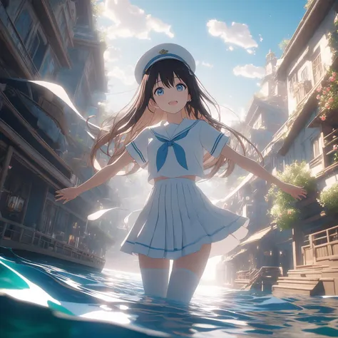 a woman in a sailor outfit standing in a pool of water