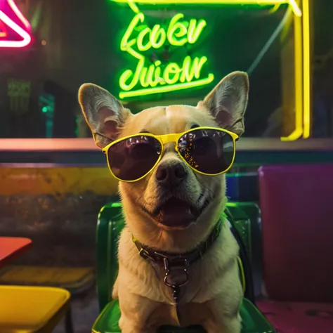 DSLR photo, dog wearing sunglasses sitting in a chair in a diner, <lora:NeonNoir-000002:0.65>, (green and yellow neon lighting:1.2), dark makeup, NeonNoir, hard shadow, masterpiece, best quality, Intricate, High Detail, 8k, modelshoot style, film grain, <lora:theovercomer8sContrastFix_sd15:0.3>