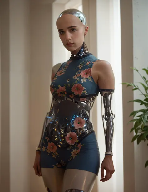 robot girl, sexy, looking at the viewer, sleeveless floral dress <lora:ava_ex_machina_pony_xl:1> ava, thighs, robot arms, score_...